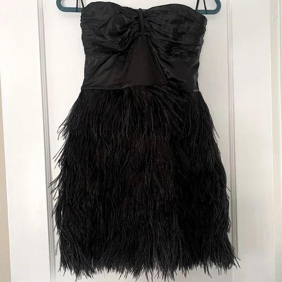 Express | Dresses | Express Black Satin Feather Strapless Mini Cocktail  Dress Size 4 | Poshmark